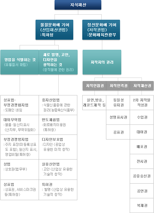 지식재산의 종류 및 관련 법령 설명 이미지