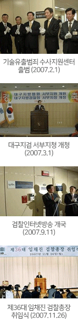 기술유출범죄 수사지원센터 출범(2007. 2. 1.), 대구지검 서부지청 개청(2007. 3. 1.), 검찰인터넷방송 개국(2007. 9. 11.), 제36대 임채진 검찰총장 취임식(2007. 11. 26.)