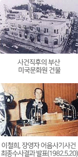 사건직후의 

부산 미국문화원 건물,이철희, 장영자 어음사기사건 최종수사결과 발표(1982.5.20)