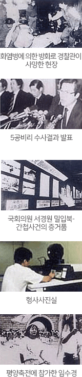 화염병에 

의한 방화로 경찰관이 사망한 현장,5공비리 수사결과 발표,국회의원 서경원 밀입북·간첩사건의 증거품,형사사진실, 평양축전에 

참가한 임수경