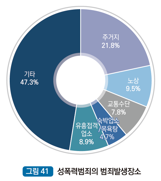성폭력범죄의 범죄발생장소 : 주거지21.8%, 노상 9.5%, 교통수단 7.8%, 숙박업소/목욕탕 4.7%, 유흥접객업소 8.9%, 기타 47.3%