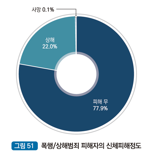 폭행/상해범죄 피해자의 신체피해정도 : 피해 무 77.9% 상해 22.0% 사망 0.1%