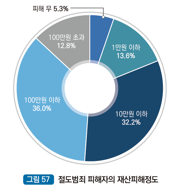 절도범죄의 피해자의 재산피해액수 : 피해무 5.3%, 1만원이하 13.6%, 10만원 이하 32.2%, 100만원이하 36.0%, 100만원 초과 12.8%