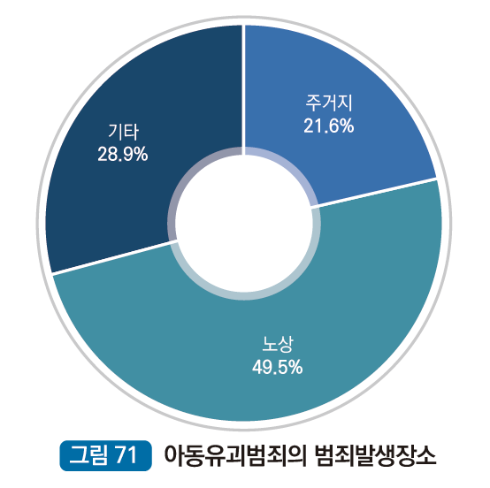 아동유괴범죄의 발생장소 : 주거지 21.6%, 노상 49.5%, 기타 28.9% 
