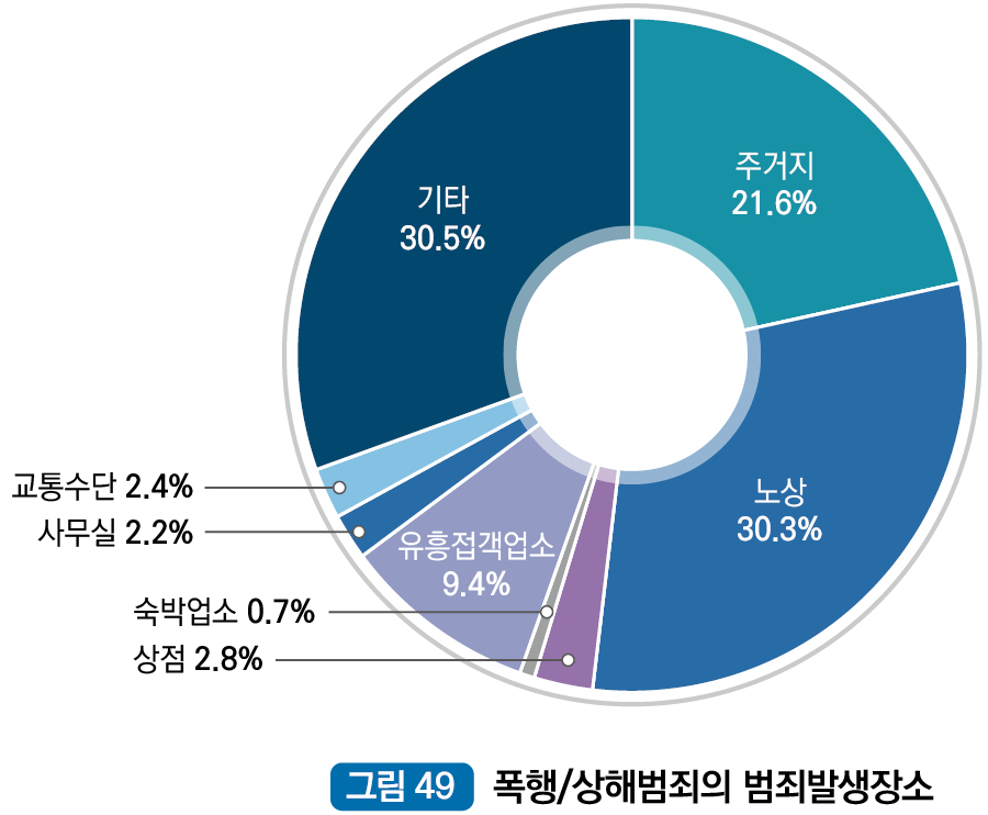 폭행/상해범죄의 범죄발생장소 : 주거지 25.9%, 노상 33.2%, 상점 3.1%, 숙박업소 0.9%, 유흥접객업소 11.1%, 사무실 2.2%, 교통수단 2.7% , 기타 20.9%