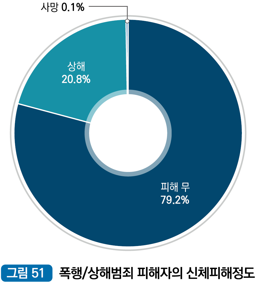 폭행/상해범죄 피해자의 신체피해정도 : 피해 무 77.9% 상해 22.0% 사망 0.1%