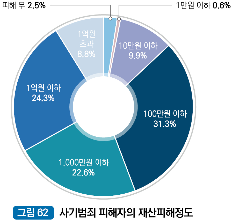 사기범죄 피해자의 재산피해정도 :  피해무 2.5%, 1만원 이하 0.6%, 10만원 이하 9.9%, 100만원 이하 31.3%,1000만원 이하 22.6%, 1억원 이하 24.3%, 1억원 초과 8.8%