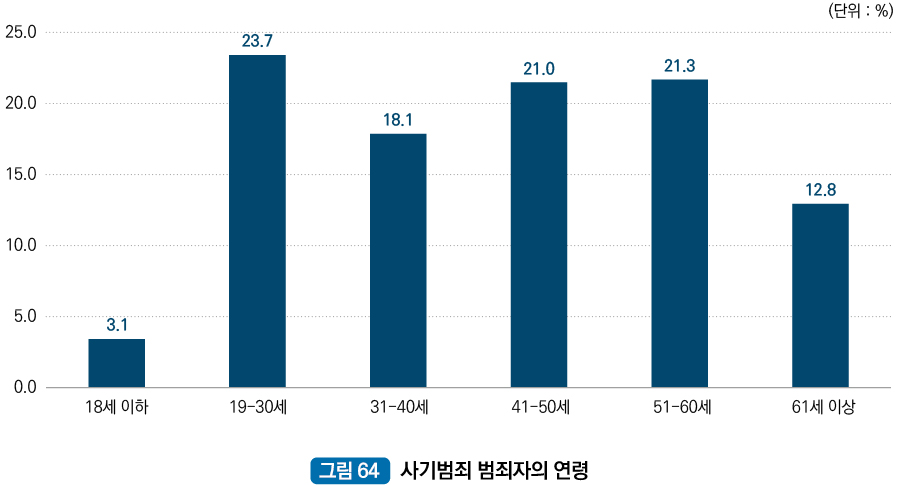 사기범죄 범죄자의 연령 : 18세이하 3.1%, 19세~30세 23.7%, 31세~40세 18.1%, 41세~50세 21.0%, 51세~60세 21.3%, 61세 이상 12.8%