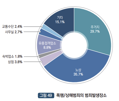 폭행/상해범죄 발생장소 : 주거지 27.7%, 노상 35.7%, 상점 3.8%, 숙박업소 1.8%, 유흥접객업소 8.8%, 사무실 2.7%, 교통수단 2.4% , 기타 15.1%