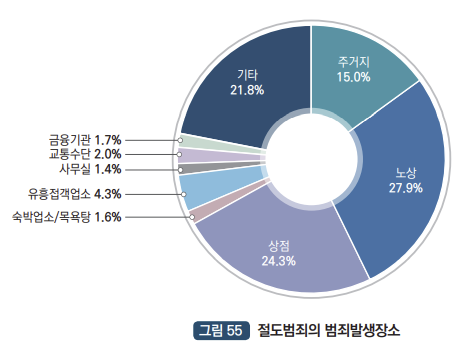 절도범죄 발생장소 : 주거지 15.0%, 노상 27.9%, 상점 24.3%, 숙박업소/목욕탕 1.6%, 유흥접객업소 4.3%, 사무실 1.4%, 교통수단 2.0%, 금융기관 1.7%, 기타 21.8%
