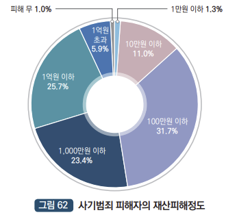 사기범죄 피해자의 재산피해정도 :  피해무 0.7%, 1만원 이하 1.3%, 10만원 이하 11.0%, 100만원 이하 31.7%,1000만원 이하 23.4%, 1억원 이하 25.7%, 1억원 초과 5.9%