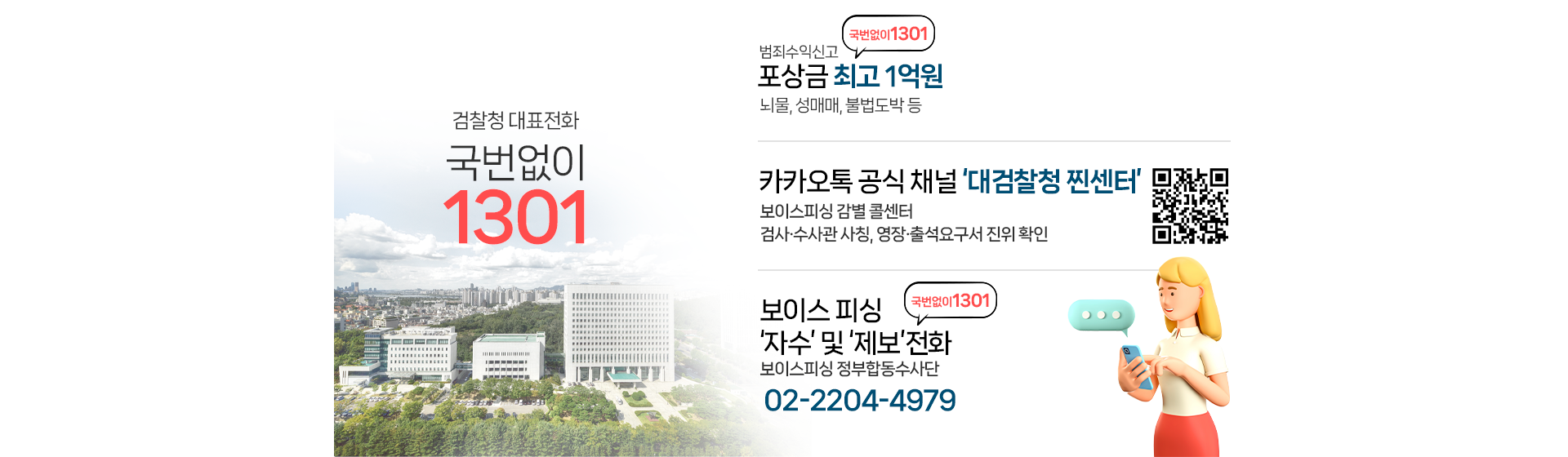 검찰청 대표전화 국번없이1301, 범죄수익신고 포상금 최고1억원-뇌물,성매매,불법도박 등, 카카오톡 공식 채널'대검찰청 찐센터' -보이스피싱 감별 콜센터 -검사 수사관 사칭, 영장 출석요구서 진위 확인, 보이스피싱 자수 및 제보전화 보이스피싱 정부합동수사단(02-2204-4979)